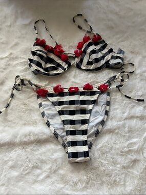 Black & White Striped Bikini with Red Flower Trim - Women Swim
